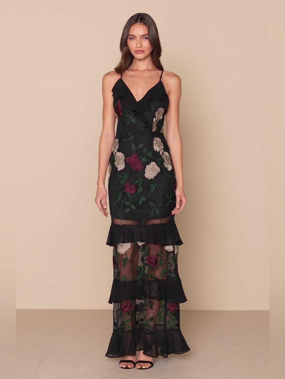 Lulus True to Heart Black Floral Ruffle Mesh Halter Top Embroidered Maxi Dress